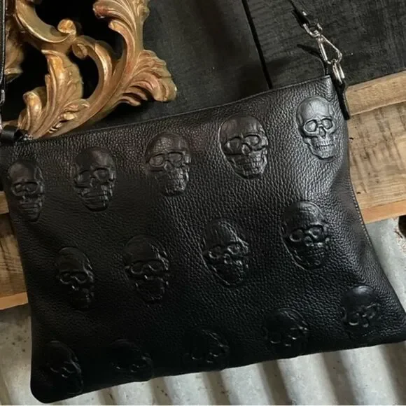 Impeller Black Skull Embossed italian leather crossbody Bag